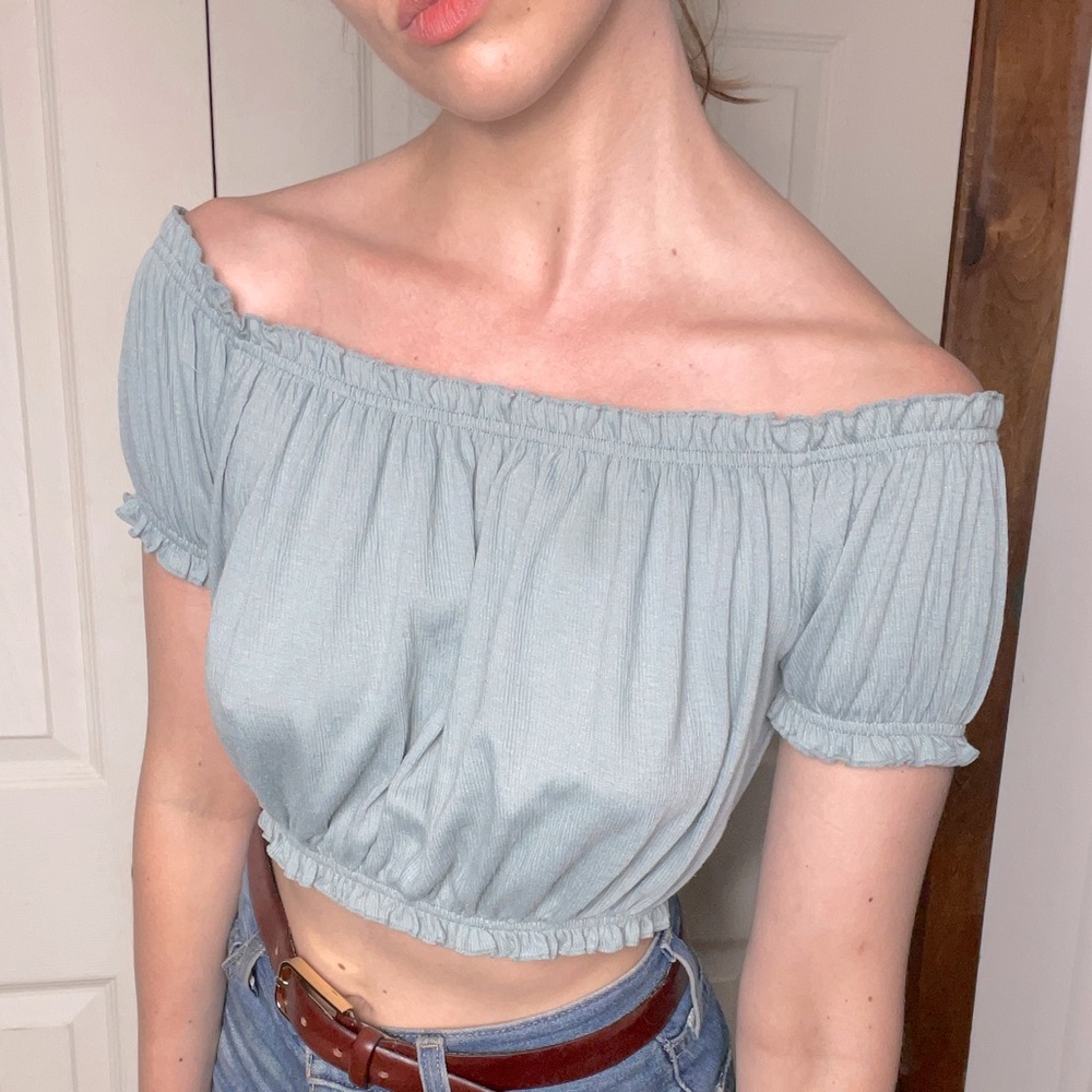 Divided Off-Shoulder Blue Blouse